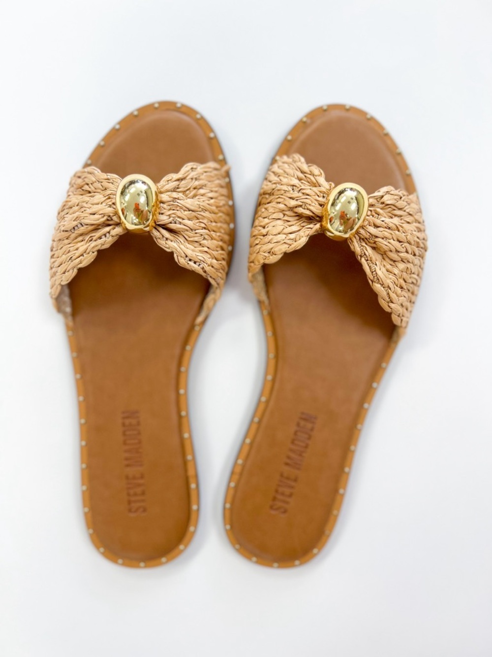 Steve Madden Tan Braided Slide Sandals with Gold Accent Oval Detail
